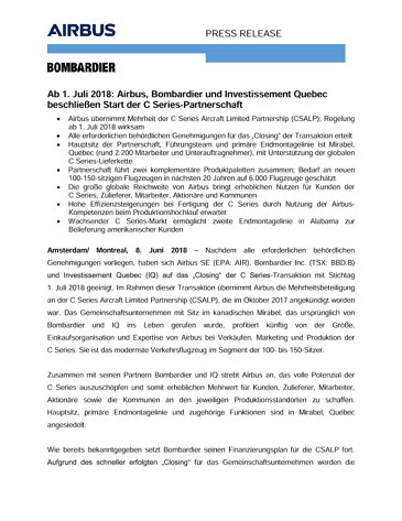 German - Airbus and Bombardier announce C Series Partnership July1