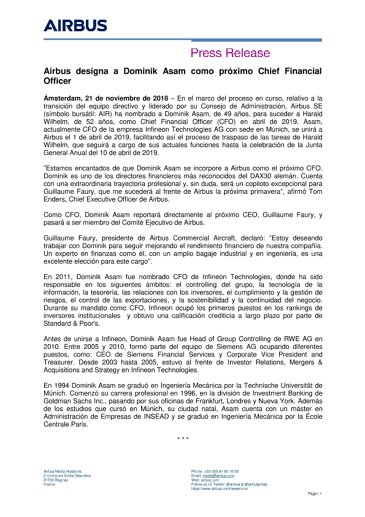 Airbus designa a Dominik Asam como próximo Chief Financial Officer 