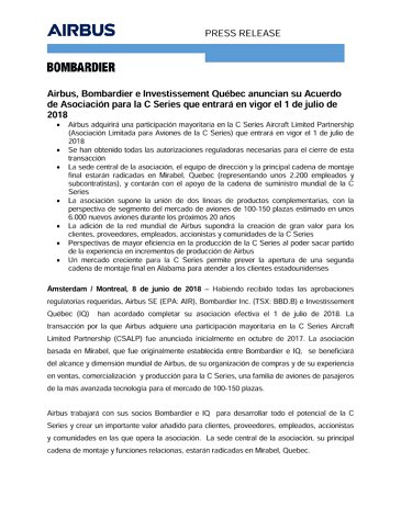 Spanish - Airbus and Bombardier announce C Series Partnership July1