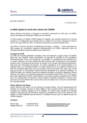Mali Becomes Latest Customer For C295w Defence Airbus