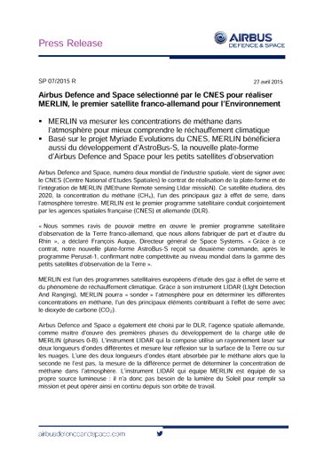 airbus defence and space selected by cnes to build merlin the first franco german earth observation satellite defence and space airbus