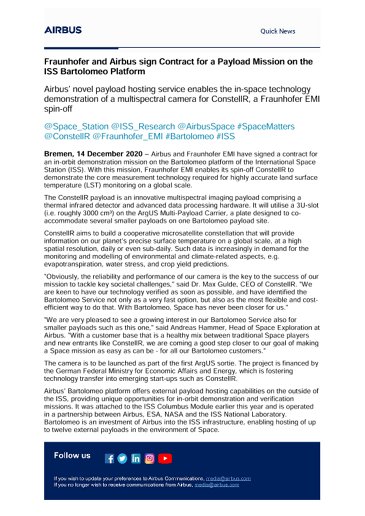 Fraunhofer and Airbus sign Contract for a Payload Mission on the ISS Bartolomeo Platform