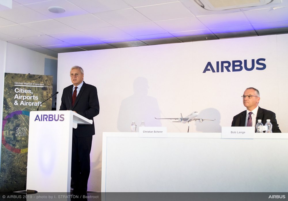 Representing Airbus at the company’s Global Market Forecast 2019-2038 press event was (from left to right): Chief Commercial Officer Christian Scherer and Bob Lange, Senior Vice President, Business Analysis Market Forecast