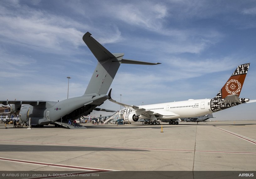 A400M RAF and A350-900 Fiji on ground at Dubai Airshow 2019 - Day 1