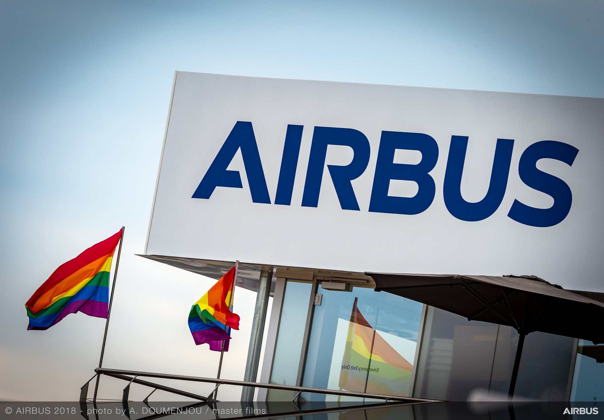 Airbus' pavilion with LGBT flags, at Farnborough Airshow 2018