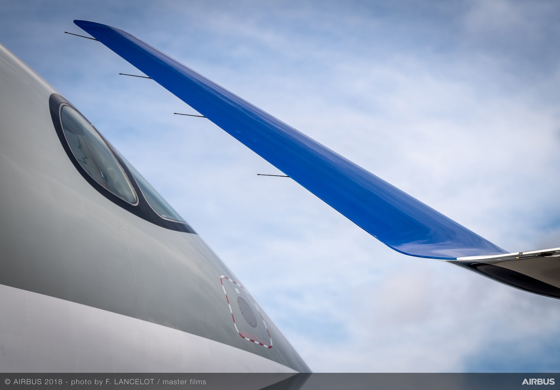 A350-1000 Qatar Airways' nose and  A220-300's winglet
Farnborough Airshow 2018