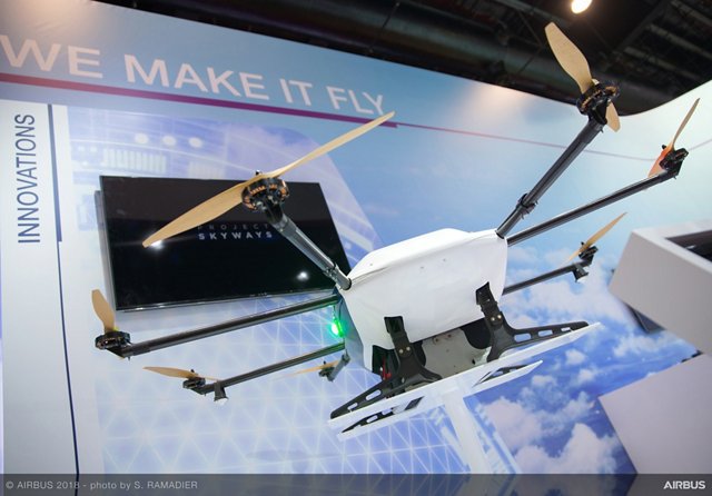 The Project Skyways drone was displayed for the first time at the 2018 Singapore Airshow; this unmanned air delivery system is intended for use in dense urban environments is at an advanced stage of development in collaboration with partners in Singapore.
