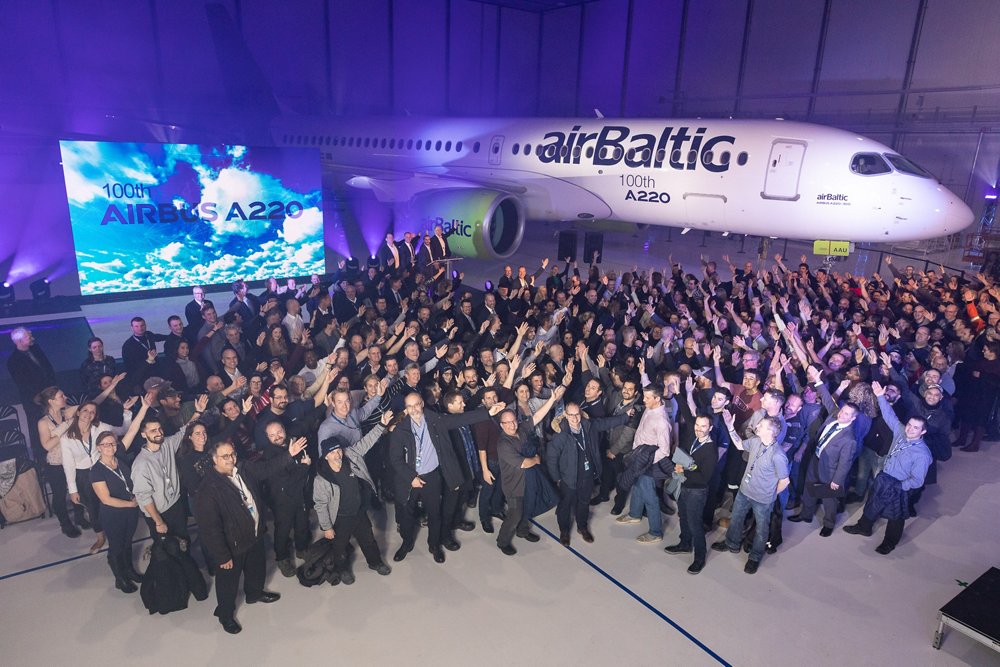 Airbus celebrated the 100th A220 produced for a customer during a ceremony at the aircraft programme’s headquarters in Mirabel, Canada, with an A220-300 version for Latvia-based airBaltic serving as the milestone jetliner 