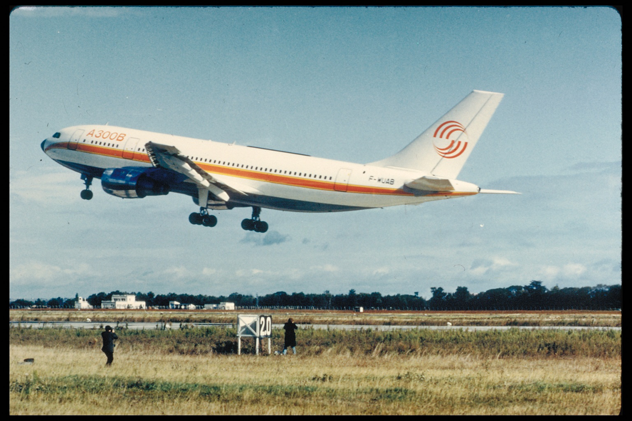 Airbus’ A300 takes off on its maiden flight in 1972, performed by an international team of pilots.  