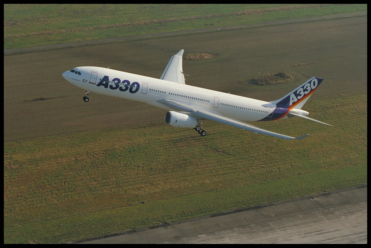 Airbus’ widebody A330 takes off for its maiden flight in 1992.  