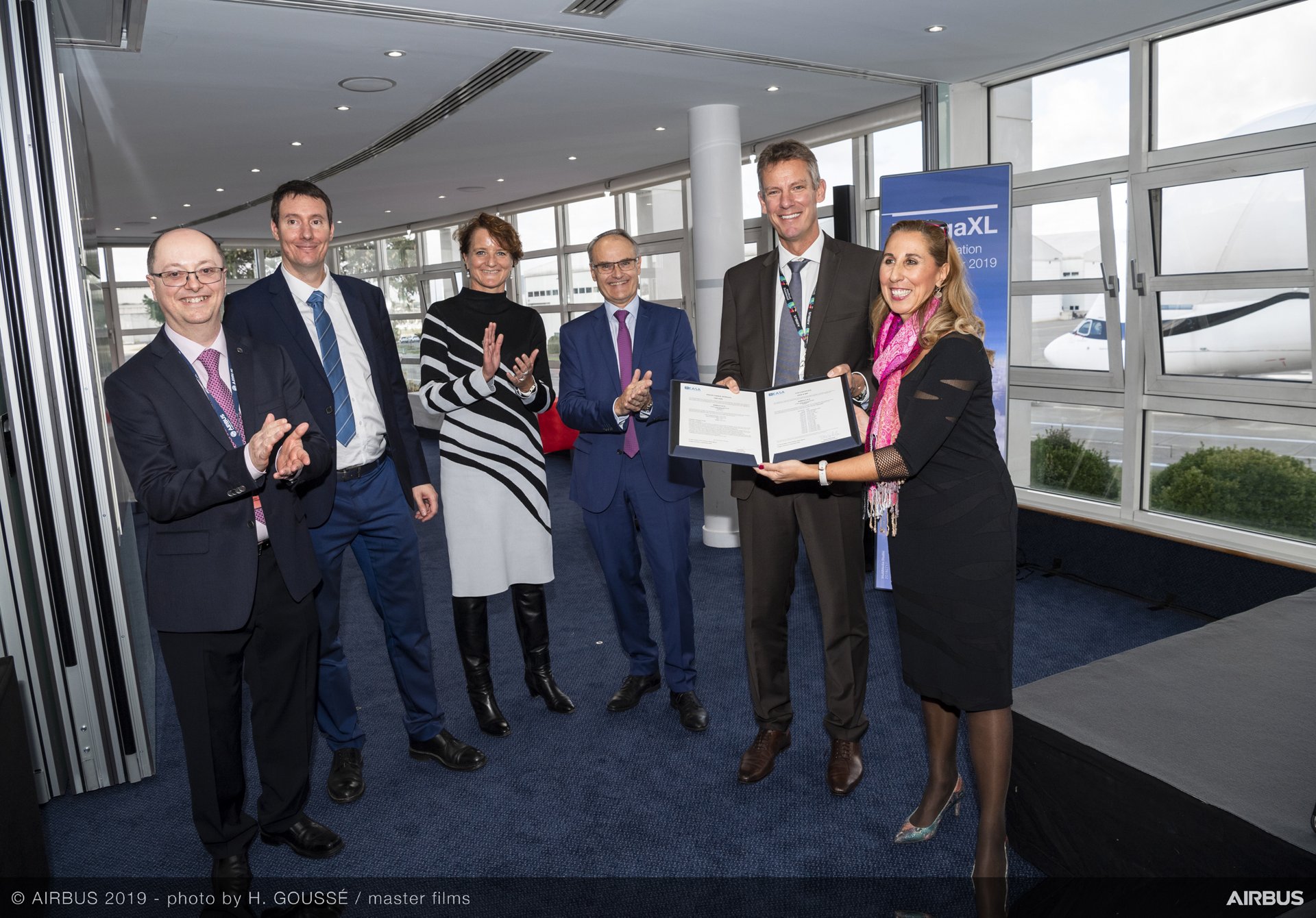 Celebrating the BelugaXL airlifter’s Type Certification in November 2019 are, from left to right: Florentino Bascunana, BelugaXL Project Certification Manager at EASA; Sébastien Freissinet, Airbus BelugaXL Type Certification Manager; Veronique Roca, Airbus BelugaXL Technical Director and Chief Engineer; Bertrand George, Airbus Sr. VP & Head of BelugaXL Programme; Jean-Brice Dumont, Airbus Executive VP - Engineering; Carla Iorio, EASA, Head of CT1.4 Special Aeroplanes & Projects