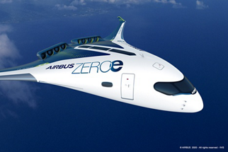ZEROe is an Airbus concept aircraft. In the blended-wing body configuration, two hybrid hydrogen turbofan engines provide thrust. The liquid hydrogen storage tanks are stored underneath the wings.