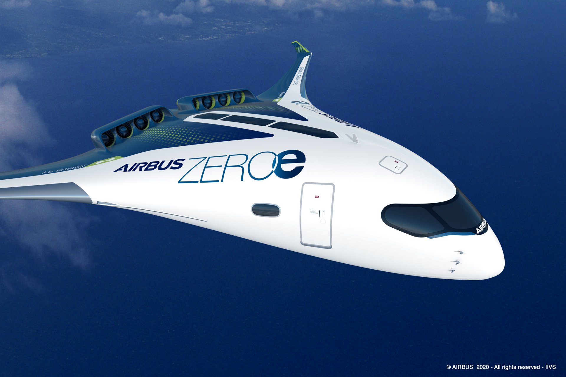 ZEROe is an Airbus concept aircraft. In the blended-wing body configuration, two hybrid hydrogen turbofan engines provide thrust. The liquid hydrogen storage tanks are stored underneath the wings.