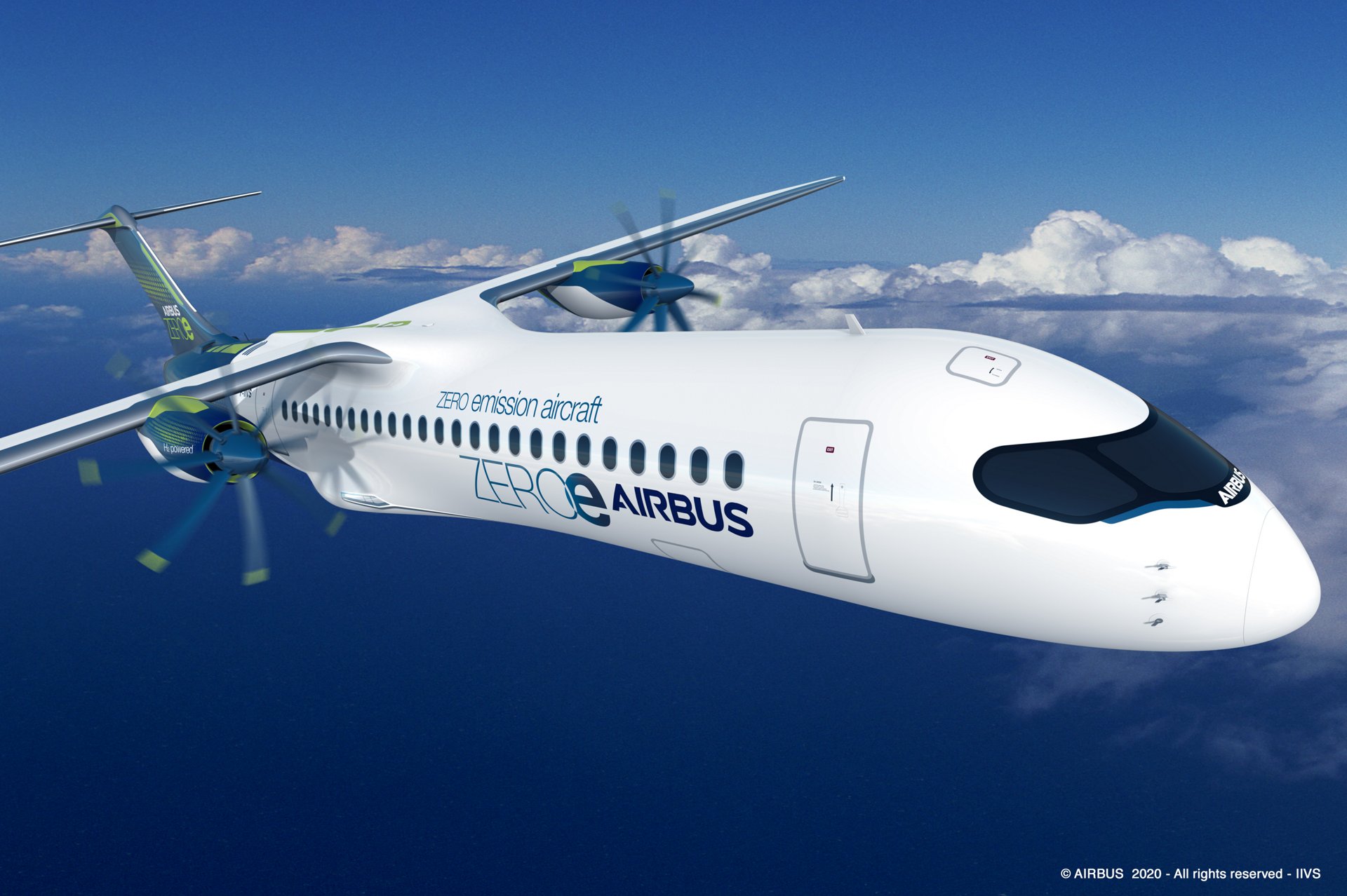 ZEROe is an Airbus concept aircraft. In the turboprop configuration, two hybrid hydrogen turboprop engines provide thrust. The liquid hydrogen storage and distribution system is located behind the rear pressure bulkhead.  