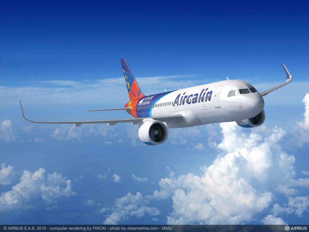 Representation of an in-flight Airbus A320neo in the livery of New Caledonia-based operator Aircalin. 