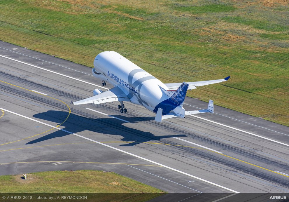 BelugaXL First Flight Take Off Aerial View