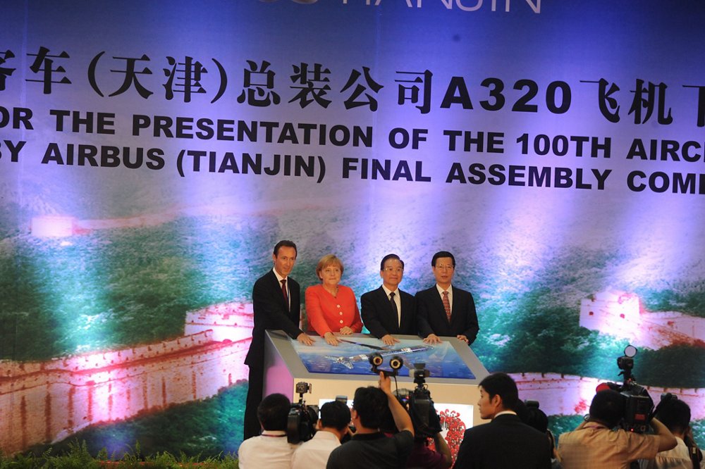 Airbus’ A320 Family final assembly line in Tianjin, China celebrated completion of its 100th aircraft during a 2012 ceremony presided over by Chinese Premier Wen Jiabao and German Chancellor Angela Merkel. 