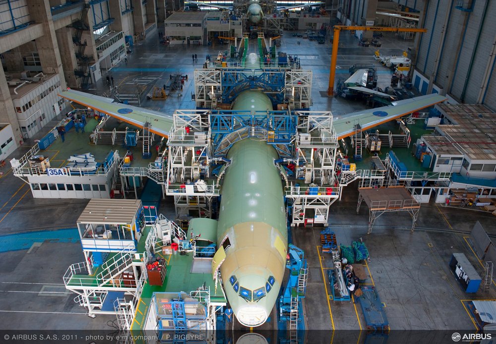 An A330 on the final assembly line, where the production output reached a rate of 10 per month in 2013. 