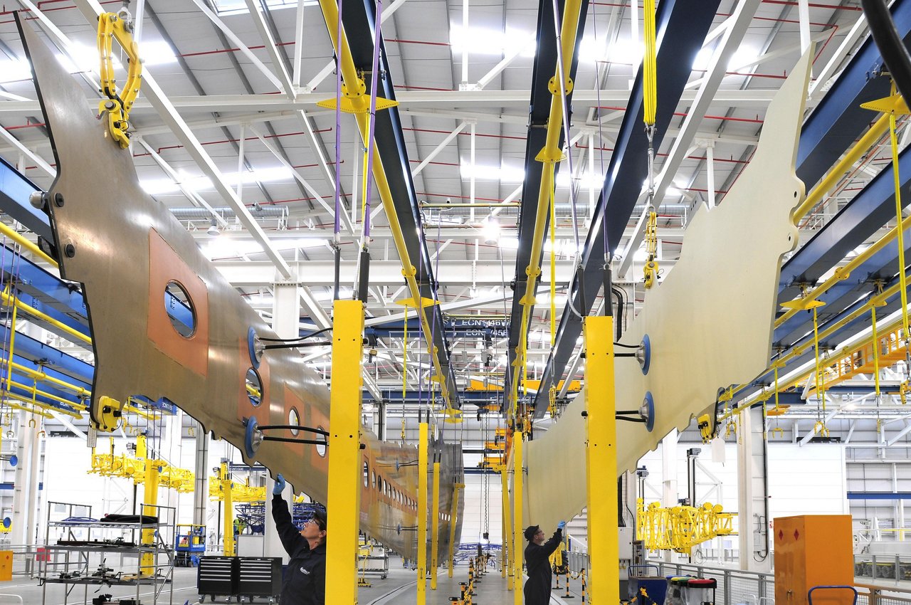 Suspended lower and upper all composite A350 XWB wing covers in new Airbus wing factory at Broughton, Wales-UK