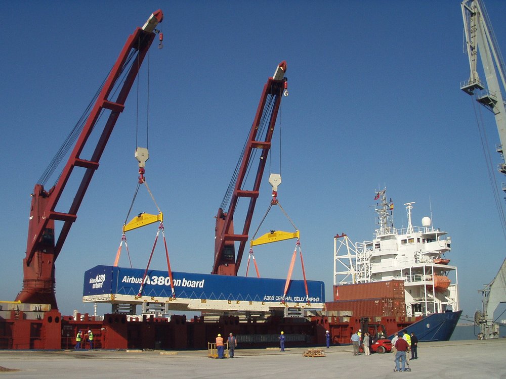 A380 fuselage and wing sections are shipped to the Toulouse, France final assembly facility using a surface transportation network over land and water that includes specially-commissioned roll-on roll-off ships