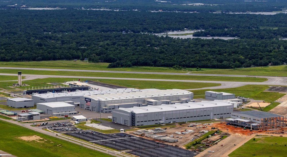 An aerial view of the Airbus U.S. Manufacturing Facility in Mobile, Alabama, which became the second A220 assembly site in 2020.  