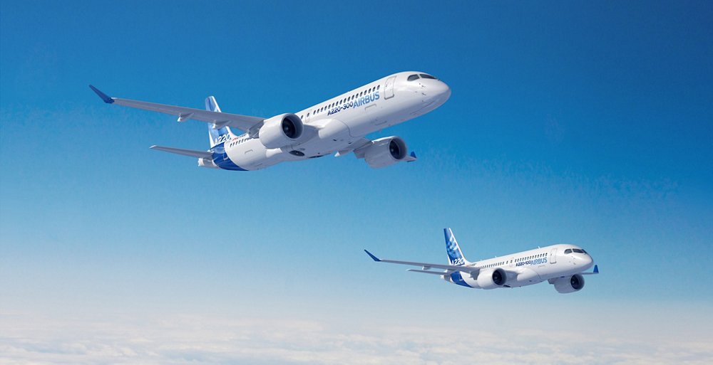 Depiction of a formation flight involving the Airbus A220 Family’s two members: the A220-100 and A220-300. 