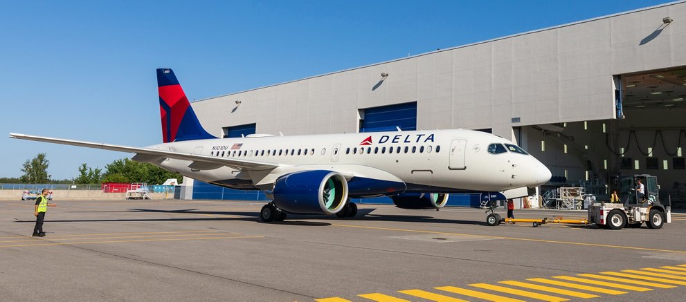 First Delta Air Lines A220 rolls out of paint shop in Mirabel 2