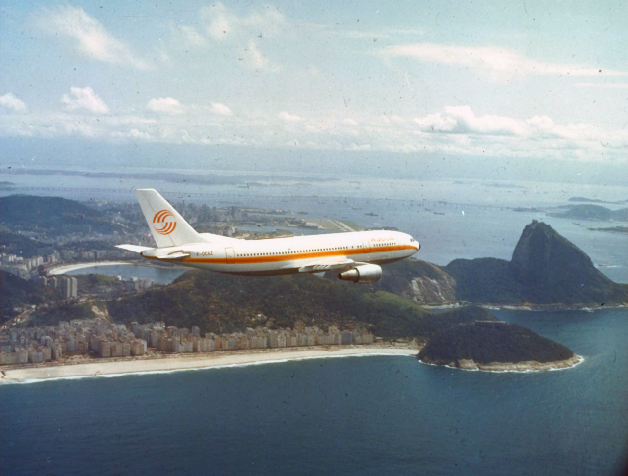 The Airbus A300 is shown in flight during this aircraft’s 1973 tour across North and South America.  