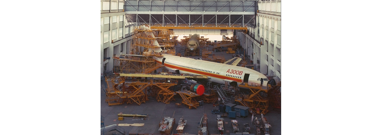 The first A330B4 for Eastern Airlines is assembled inside an Airbus production facility.  