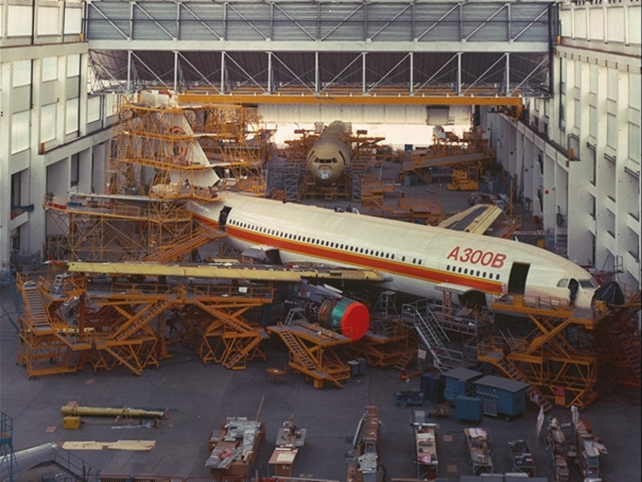 The first A330B4 for Eastern Airlines is assembled inside an Airbus production facility.