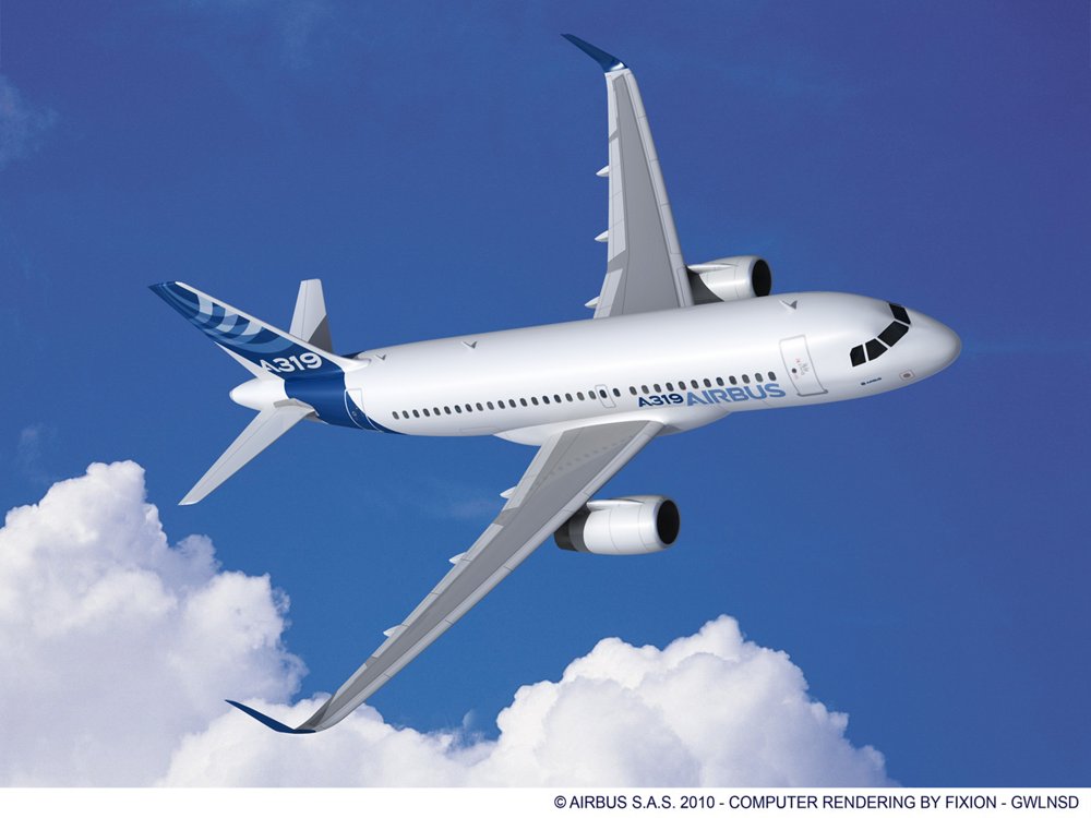 A computer rendering of Airbus’ single-aisle A319ceo, equipped with Sharklets and in the company’s blue and white livery