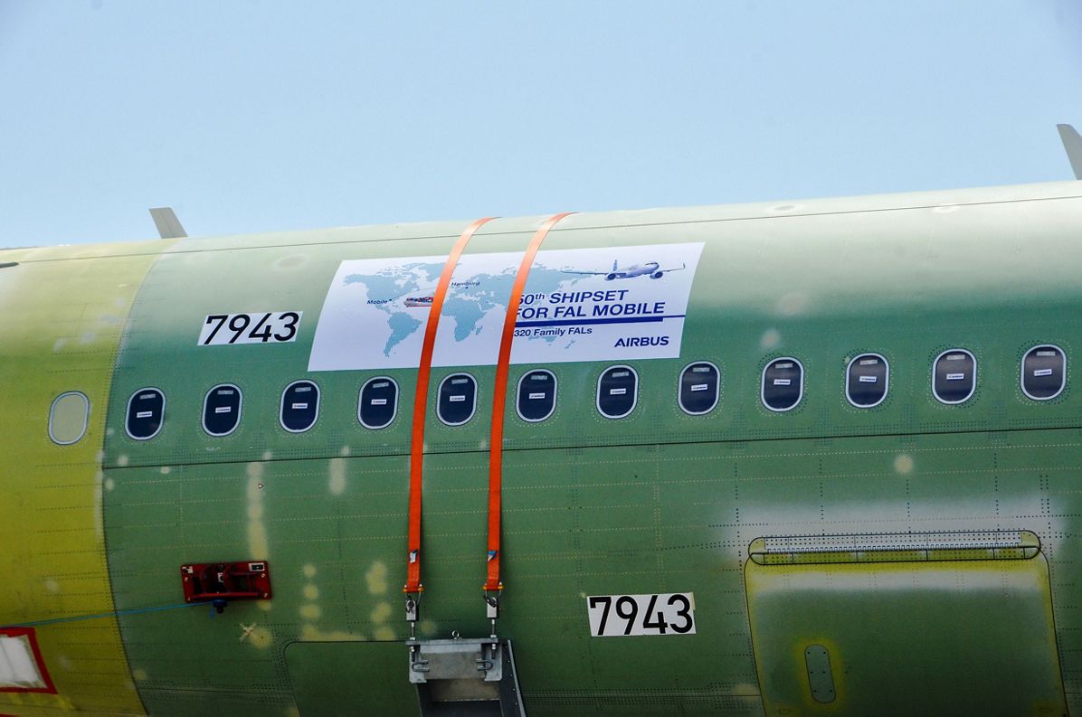 Close-up of 50th A320 Family fuselage arriving in Mobile, Alabama