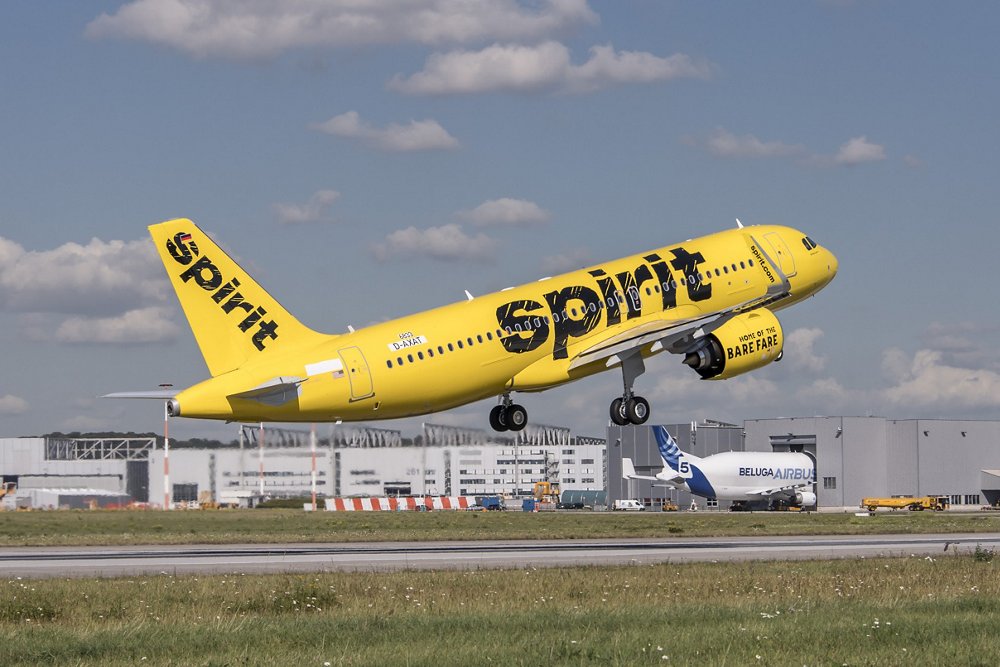 An A320neo commercial aircraft in the livery of U.S.-based Spirit Airlines is shown during take-off.   