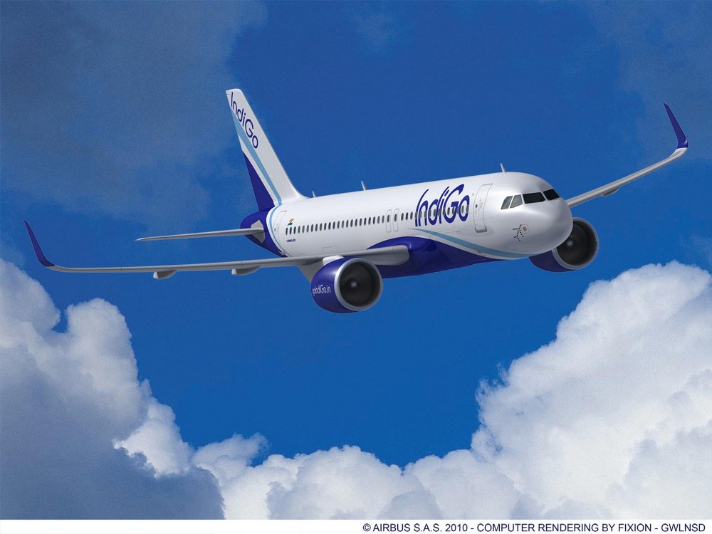 A computer rendering of an A320neo in the colours of IndiGo, which signed a Memorandum of Understanding with Airbus in 2011 for 180 A320 Family aircraft.  