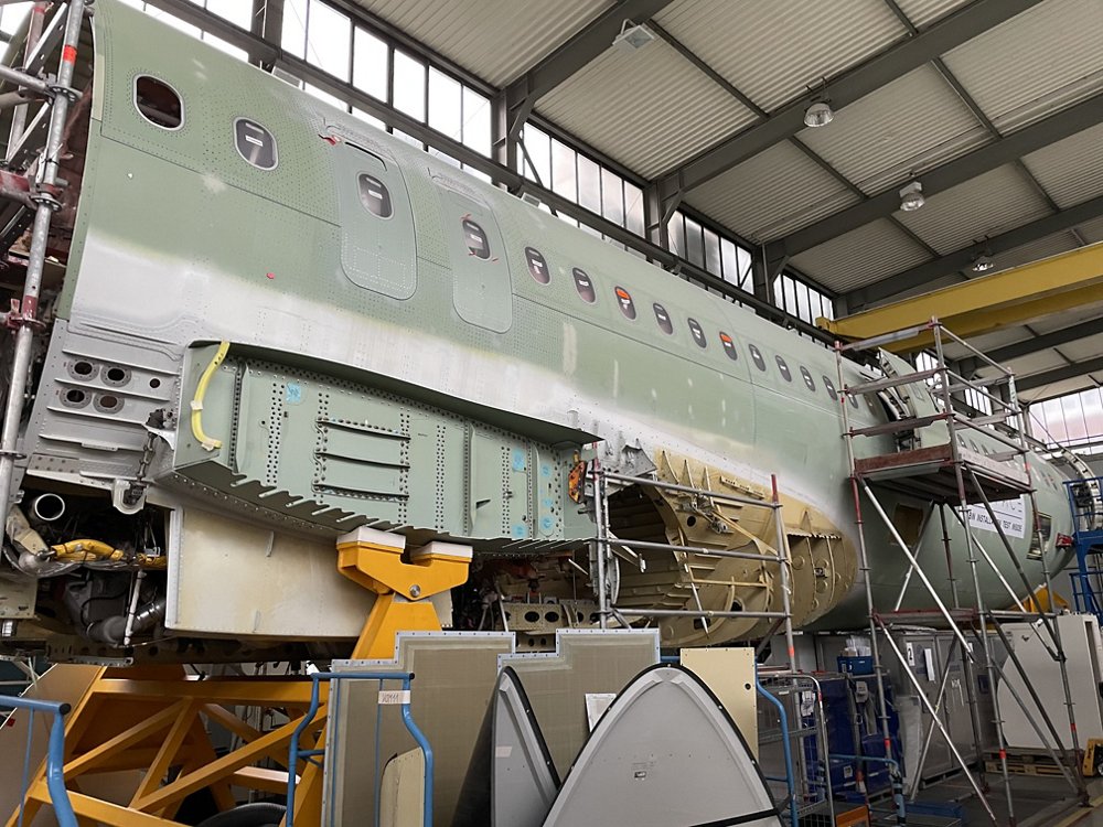 External view of the PISA demonstrator Centre & Aft Fuselage (CAF) in Hamburg, The belly fairing panels are temporarily removed to allow installation of the -XLR specific structure and systems.