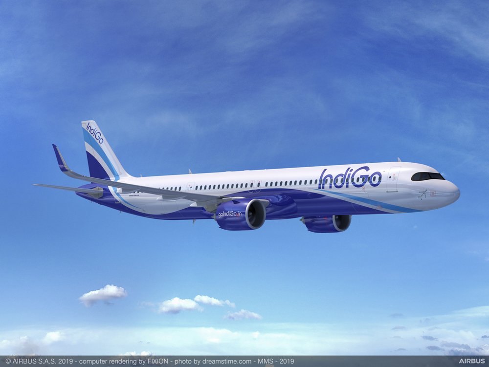 A computer rendering of an A321XLR in the livery of IndiGo, which ordered 300 A320neo-series commercial aircraft from Airbus in 2019.  