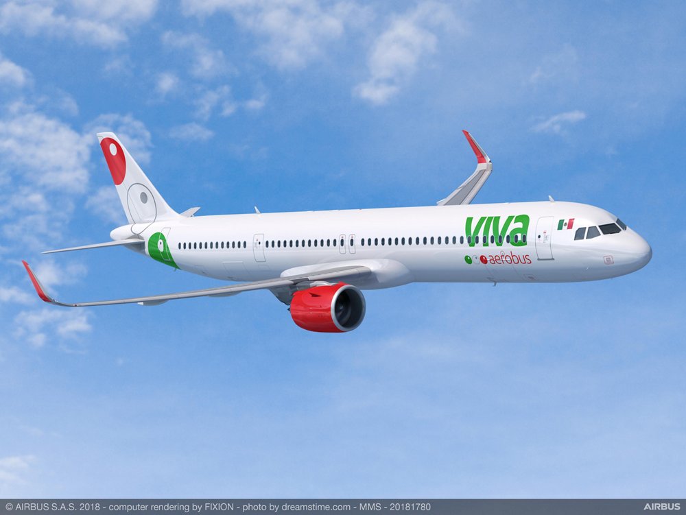 A computer-generated image of an Airbus A320neo in Viva Aerobus’ livery.  