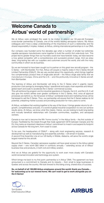 Letter from Airbus CEO Tom Enders: Welcome Canada to Airbus’ world of partnership