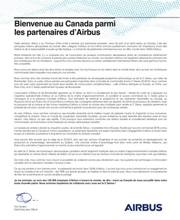 Lettre du CEO d'Airbus Tom Enders : Bienvenue au Canada parmi les partenaires d’Airbus 