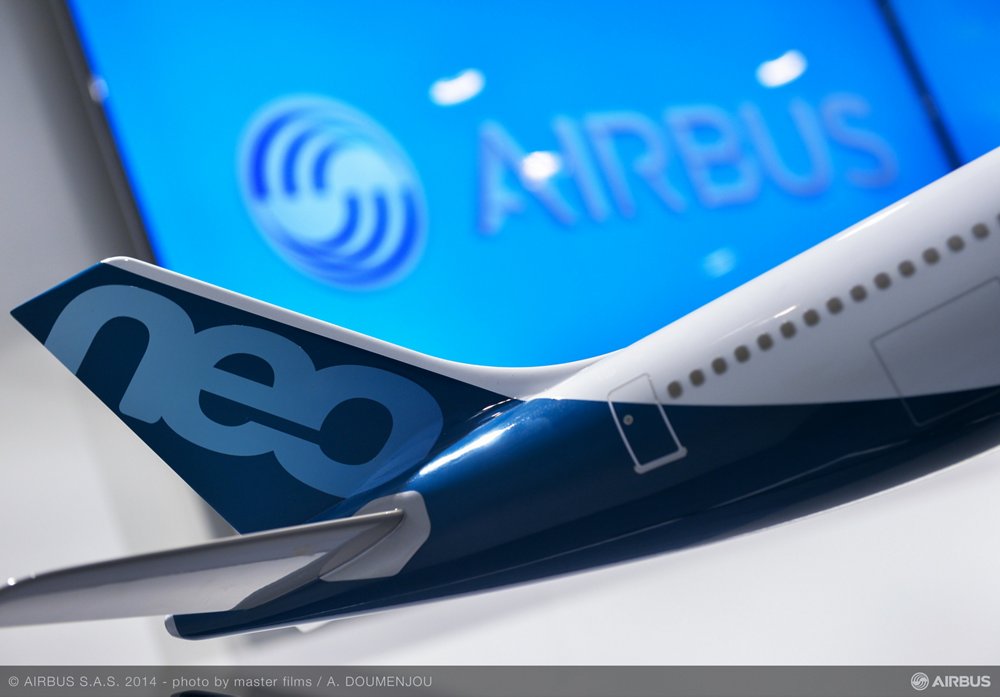 A scale model of the A330neo is displayed during the Farnborough Airshow in July 2014, when Airbus unveiled the widebody aircraft. 