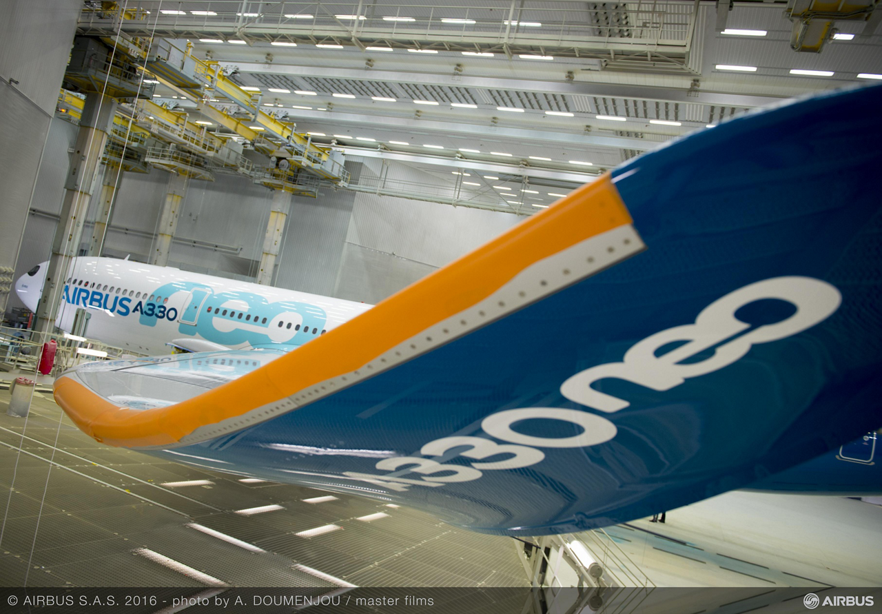 The A330neo (new engine option) – shown here inside an Airbus paint shop – is the fastest aircraft development programme ever at Airbus