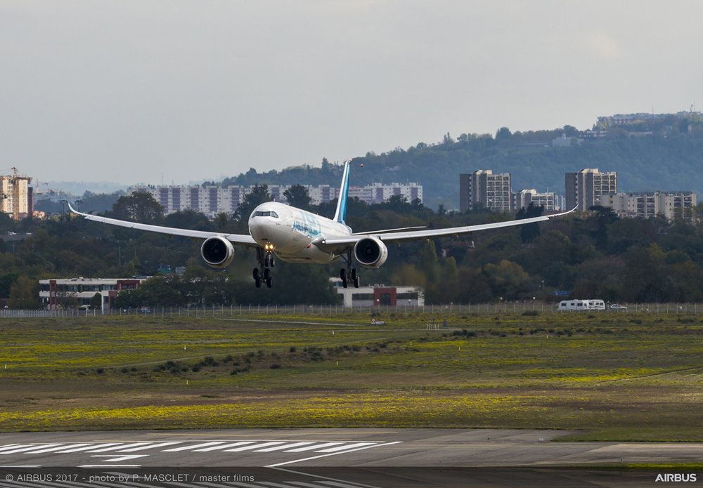 The A330neo version of Airbus’ A330 aircraft family is shown during landing approach to conclude its first flight, performed in October 2017.  
