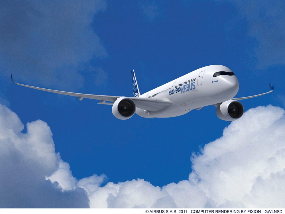 A computer rendering of Airbus’ A350 XWB widebody commercial aircraft in flight.  