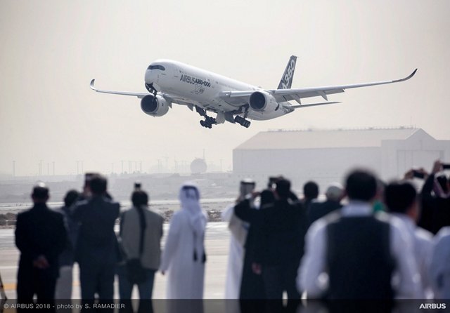 The Airbus A350-1000 is shown during its 12-city demonstration tour, which includes a visit to the 2018 Singapore Airshow 