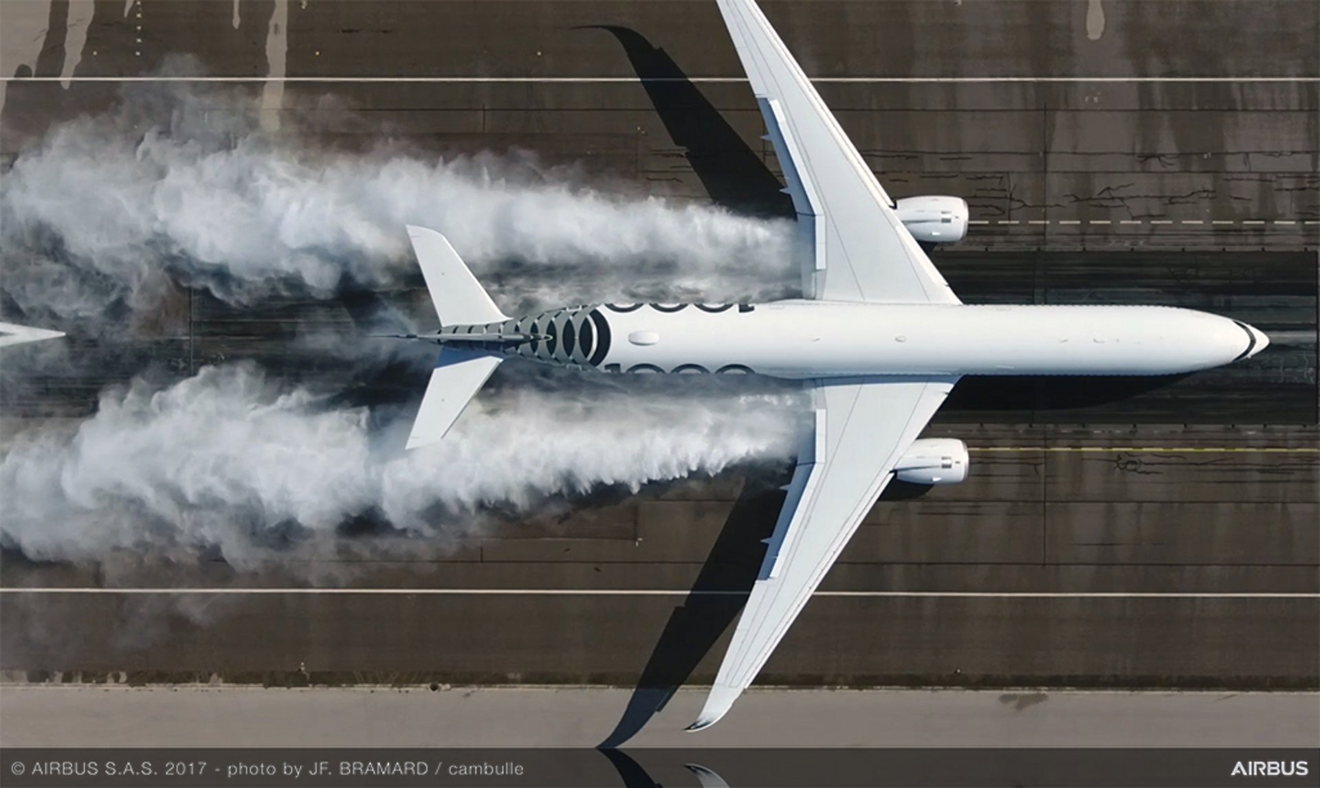 This overhead view, taken by a camera drone, captures one of the A350-1000’s test runs through a purposely-inundated surface at France’s Istres Air Force Base, performed to demonstrate the aircraft’s robustness and secure its maturity from entry-into-service