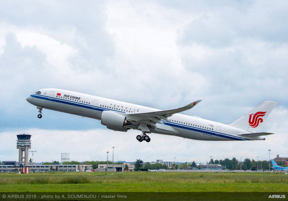 An A350 XWB delivered to Air China – which ordered 10 of these widebody commercial aircraft from Airbus in 2019 – takes off from Toulouse-Blagnac Airport in France, where the final assembly line is located. 