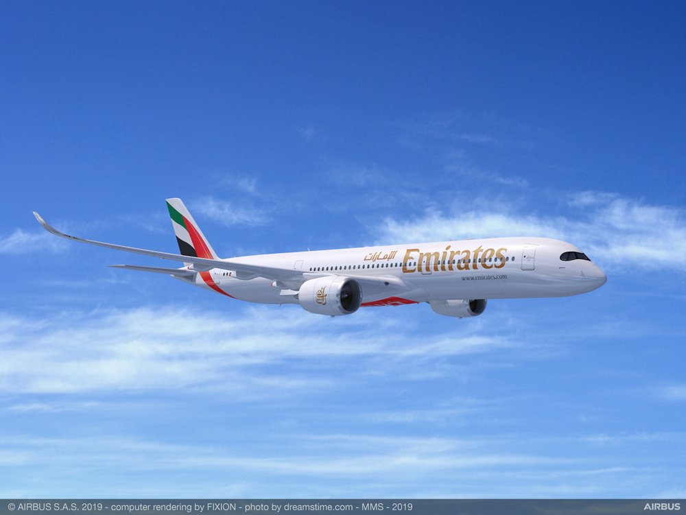 A computer rendering of an in-flight A350 XWB in the livery of Emirates Airline, which signed a purchase agreement for 50 A350-900 versions at the 2019 Dubai Airshow.  