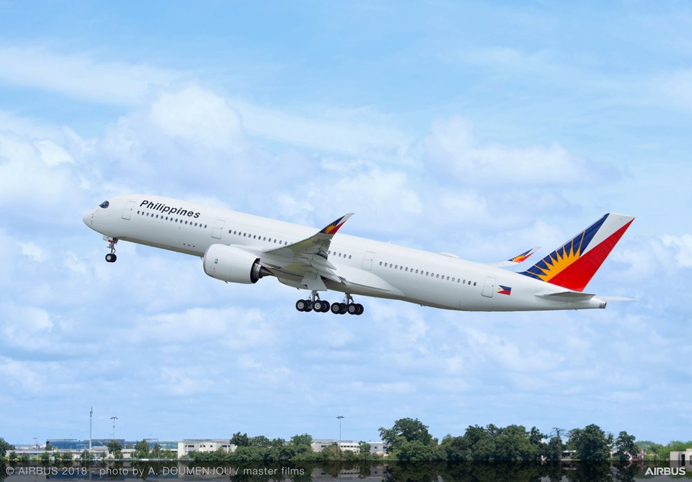 Takeoff of an Airbus A350-900 in the colours of Philippine Airlines. 