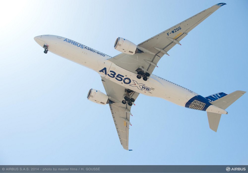 The bottom view of an in-flight A350-900 version of the A350 XWB in Airbus’ blue and white livery