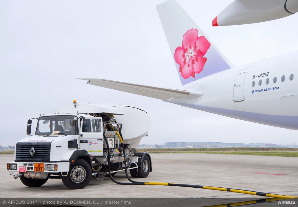 An A350-900 for China Airlines of Taiwan receives a blend of traditional fuel and sustainable biofuels as part of an Airbus programme to make more eco-efficient deliveries of new-built aircraft from its final assembly facilities. 